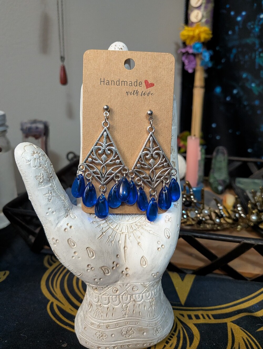 Handmade Silver Chandelier Hypoallergenic Earrings with Blue Teardrops